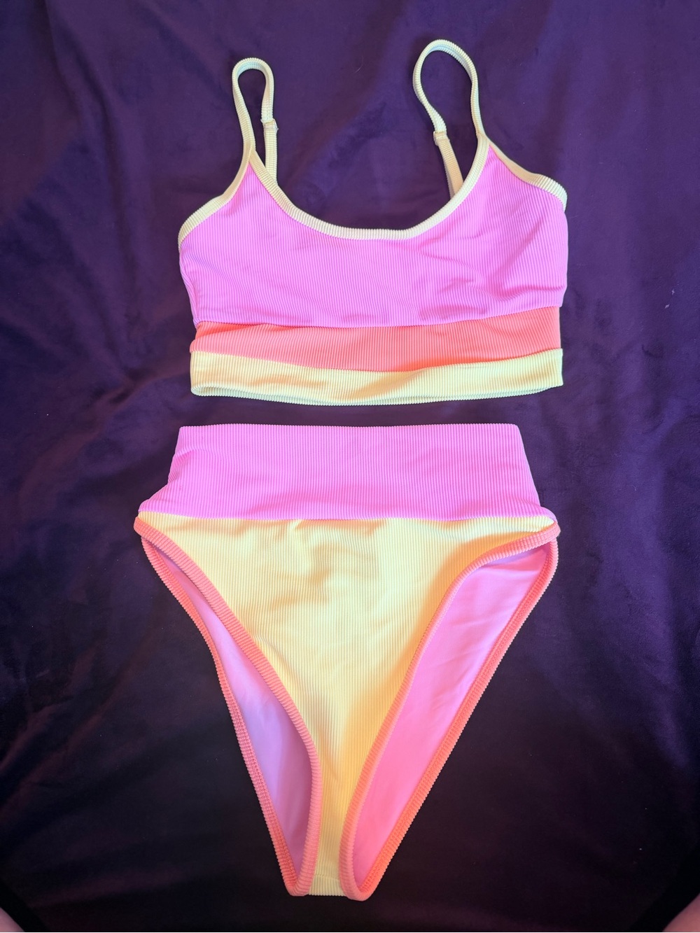 Beach Riot Pink Ribbed Bikini SET with Yellow Accent NEW W/O tags - Picture 2 of 5